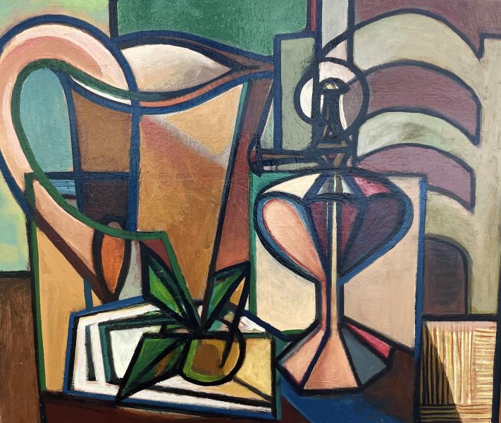 Nature morte, chaise, lampe à huile, broc et fruit, novembre 1982 Georges-Henri PESCADERE