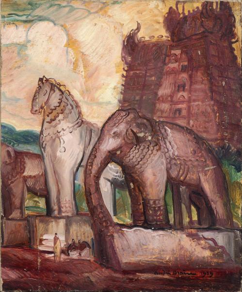 Inde, Temple avec statues de cheval et éléphant, 1939