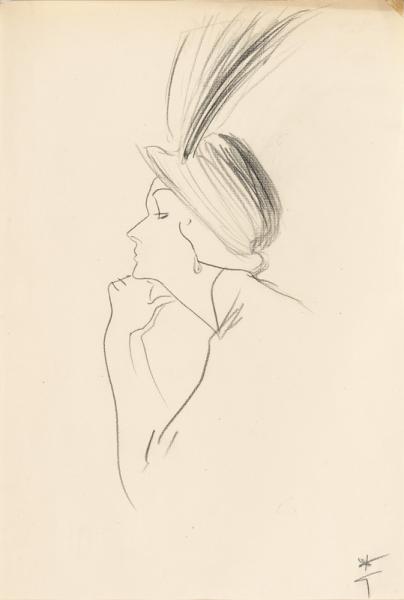De profil, chapeau à plumes, 1950 René GRUAU