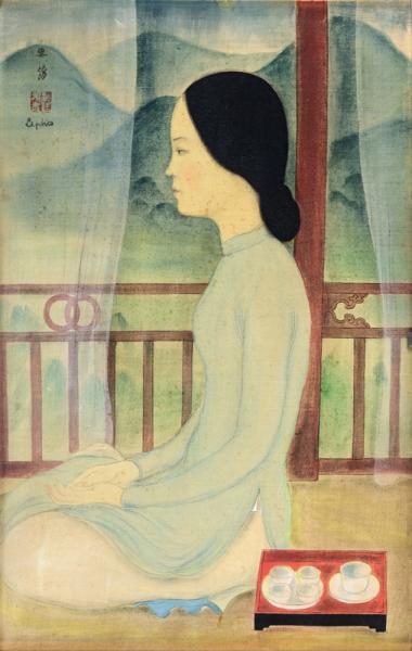 Femme de profil assise devant un paysage, vers 1938 - 40 - LE PHO