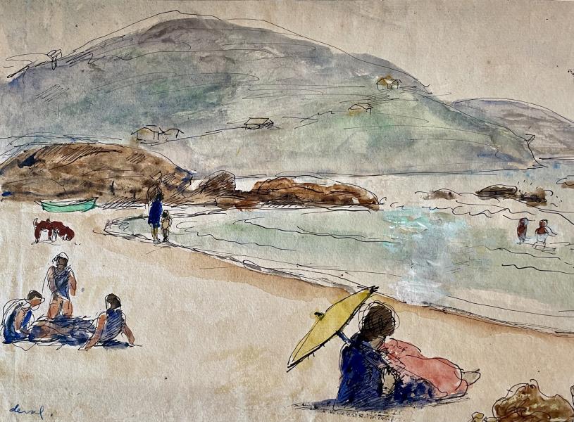 Femme à l’ombrelle jaune sur la plage Pierre DEVAL