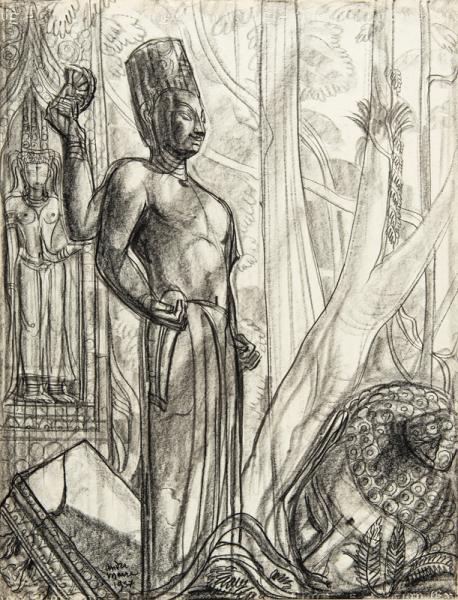 Cambodge, Angkor, Tête de Bouddha et grande statue en pied, 1957 André MAIRE