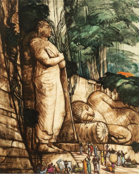 Ceylan, Bouddha dormant veillé par son disciple favori, 1939. André MAIRE