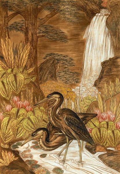 Couple de hérons pêchant sous une cascade, 1935 Gaston SUISSE