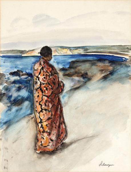 Baigneuse en peignoir en bord de mer Henri LEBASQUE
