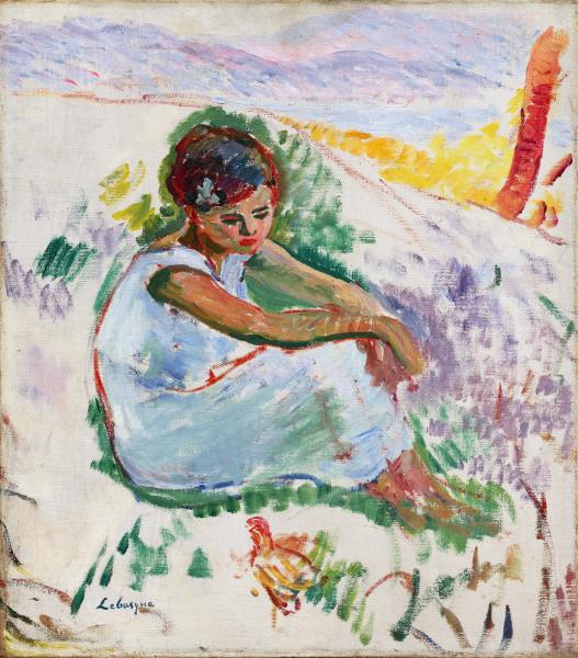 Jeune fille assise à la robe blanche en bord de mer Henri LEBASQUE