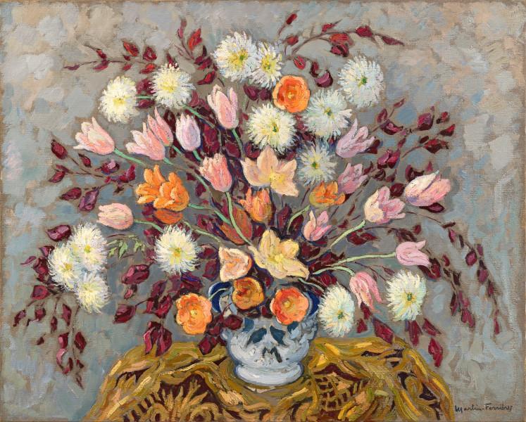 Grand bouquet de tulipes roses et feuilles longues, 1970 Jacques MARTIN FERRIERES