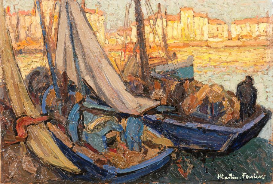 La Rochelle, barques et voiles dans l’ombre, vers 1928 Jacques MARTIN FERRIERES