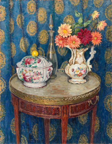 Nature morte aux dahlias et à la table bouillotte, 1965 Jacques MARTIN FERRIERES