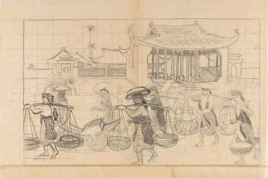 Porteurs devant un temple, Indochine, circa 1930 Joseph INGUIMBERTY