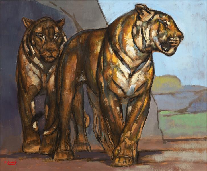 Deux tigres marchant en avant, tête à gauche, c. 1935 Paul JOUVE