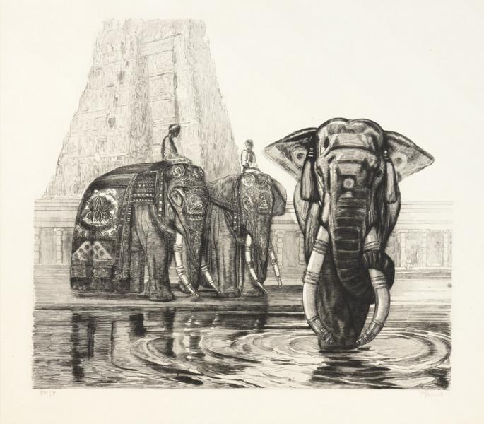 Éléphants sacrés devant le temple de Madura, c. 1930 Paul JOUVE