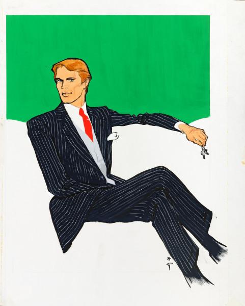 Costume rayé, cravate rouge, fond vert. Projet d'illustration pour la maison Dormeuil, c. 1980.
