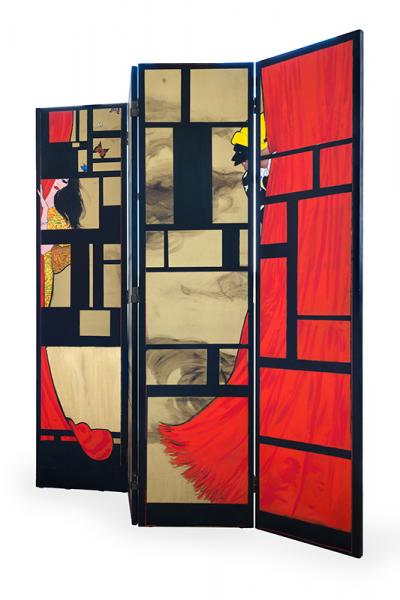 Paravent, femme et Arlequin René GRUAU