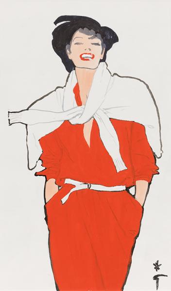 Pull noué sur les épaules, mains dans les poches. Projet publicitaire pour la maison Marcelle Griffon. René GRUAU