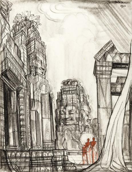 Cambodge, moines devant Angkor Thom, 1955 André MAIRE