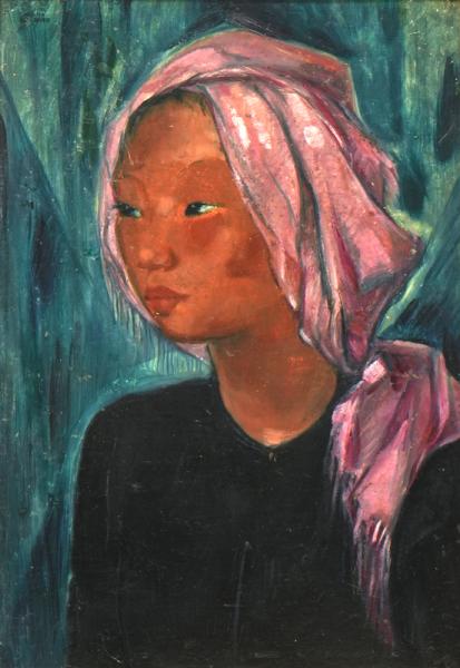 Portrait de cambodgienne au turban rose André MAIRE