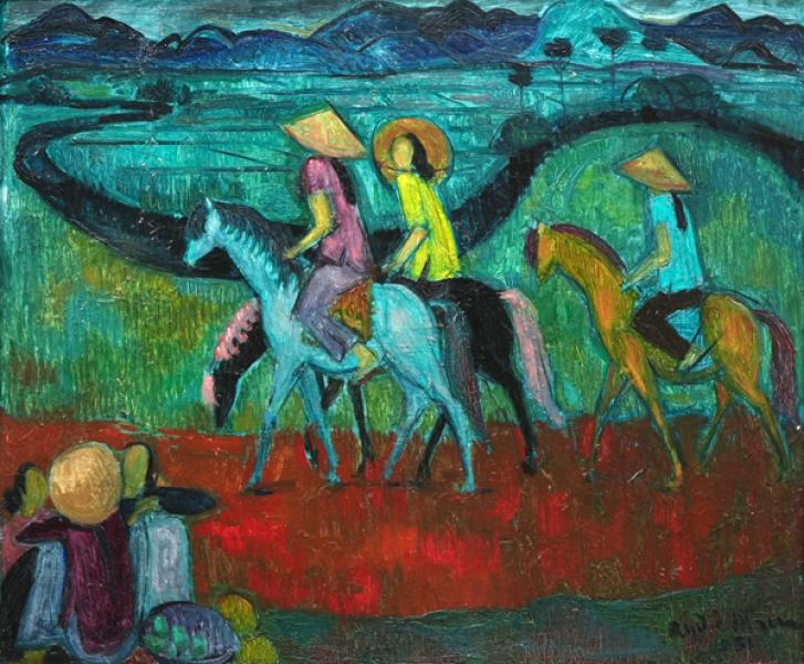Vietnam, personnages à cheval dans les montagnes André MAIRE