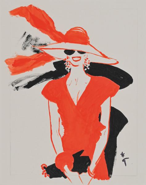 Lunettes noires, grande capeline rouge René GRUAU