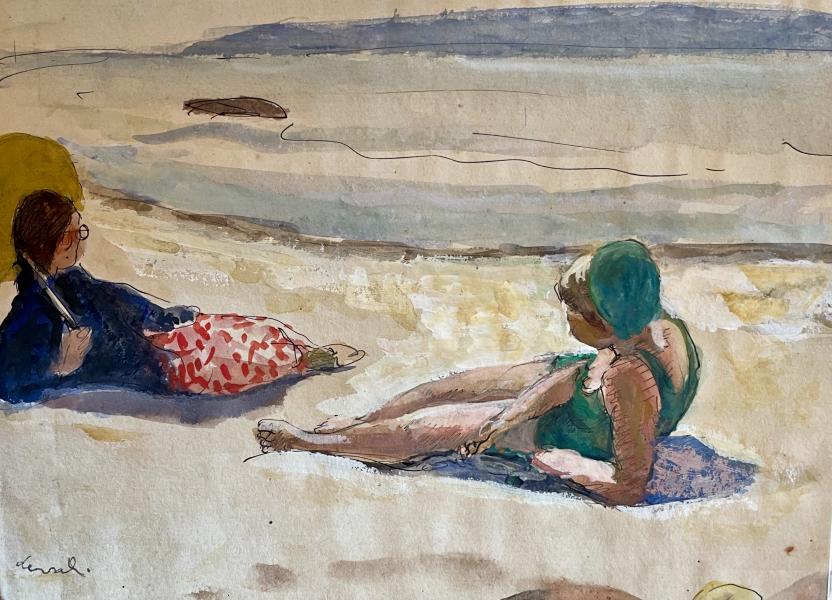 Sur la plage, ombrelle jaune et maillot vert Pierre DEVAL