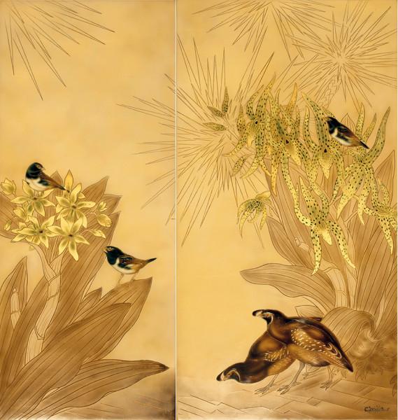Hirondelles de Chine et colins de Californie dans les orphys en fleurs, circa 1955 Gaston SUISSE