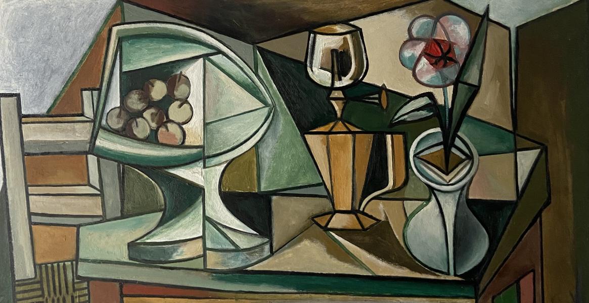Nature morte compotier, vase et verre, août 1983 Georges-Henri PESCADERE