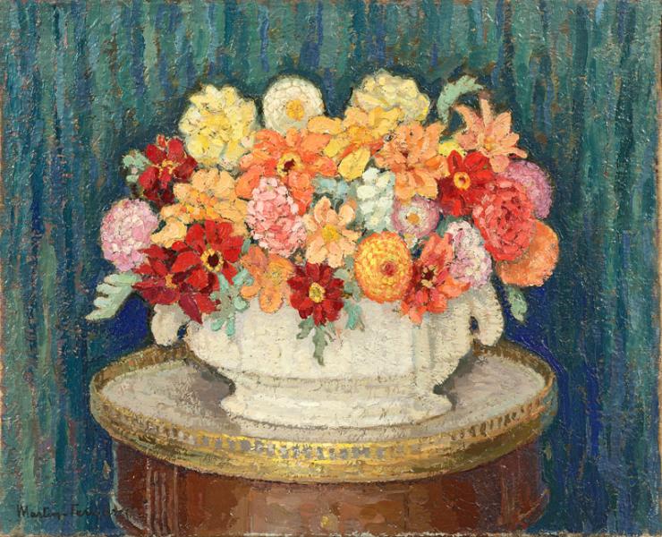 Dahlias sur table bouillotte Jacques MARTIN FERRIERES