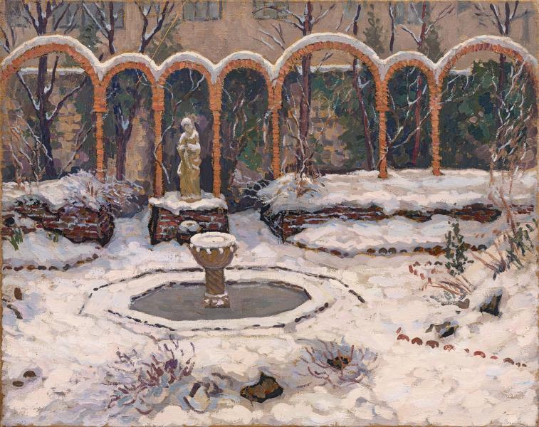 Neuilly, jardin sud sous la neige, bassin gelé et arceaux Jacques MARTIN FERRIERES