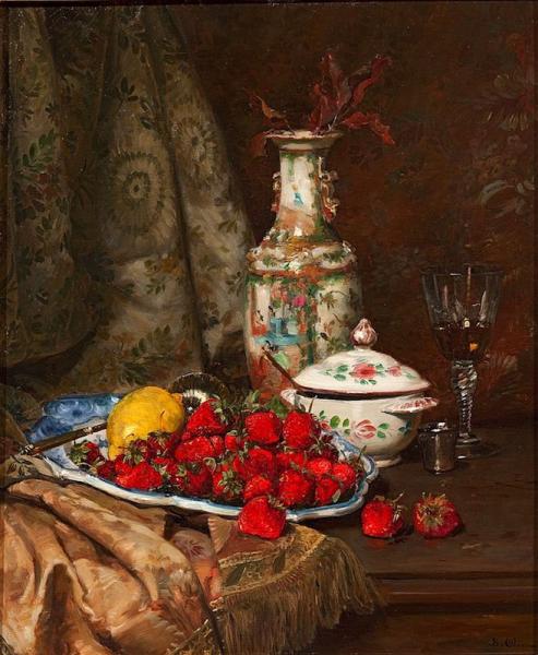 Fraises et citron dans une assiette de Moustiers, vase de Chine. Jean-Baptiste OLIVE