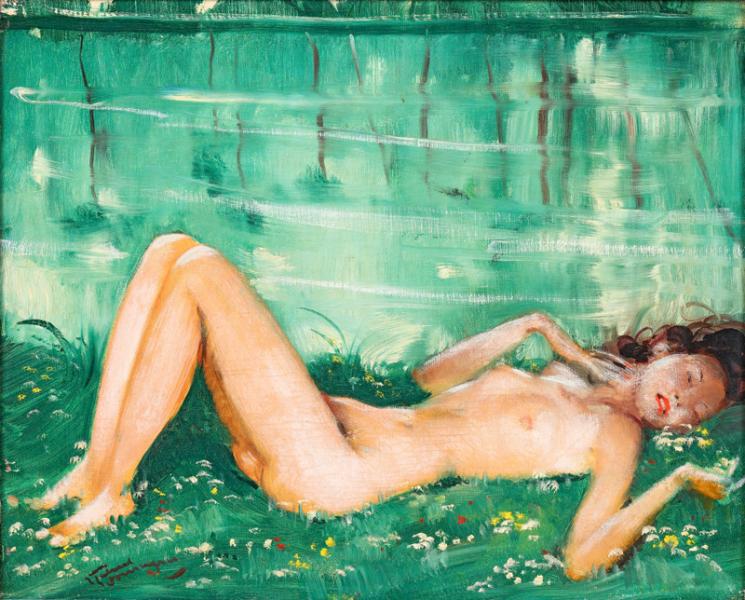 Nu couché dans l'herbe Jean Gabriel DOMERGUE