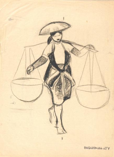 Indochine, travailleur des rizières, croquis Joseph INGUIMBERTY