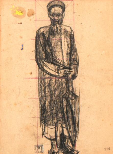 Indochine, vieil homme à l'ombrelle repliée, circa 1935 Joseph INGUIMBERTY