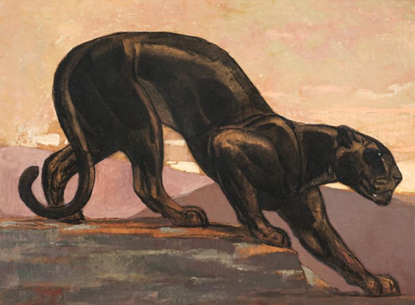 Panthère noire descendant d'un rocher, vers 1932
