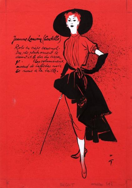 Dessin de mode, modèle de la maison Lanvin, mars 1952. René GRUAU