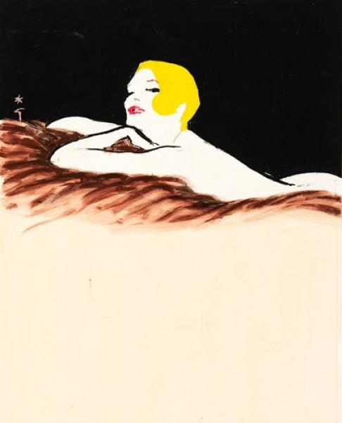 Femme allongée sur le ventre, cheveux blonds René GRUAU